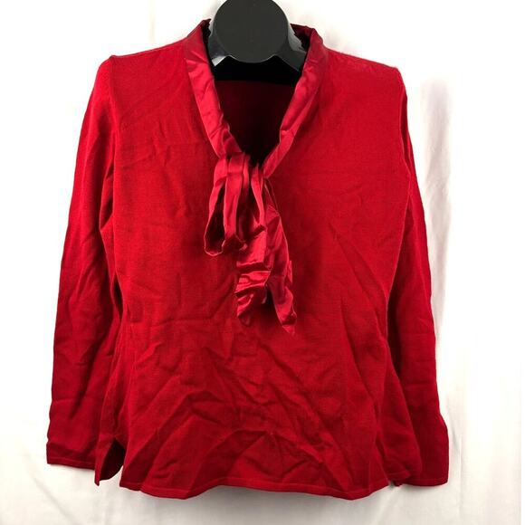 J. Peterman Red Wool Blend Sweater Silk Ribbon Tie Bow Women’s MEDIUM - Picture 10 of 12